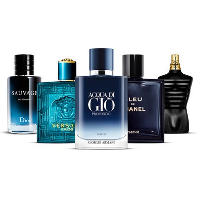 Kombination aus 5 Herrenparfüms – Sauvage, Versace Eros, Acqua di Giò Profondo, Bleu de Chanel and Le Male [100 ml each]