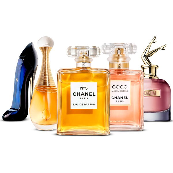 Kombination aus 5 Damenparfüms – Good Girl, J'adore, Chanel Nº5, Coco Mademoiselle and Scandal [100 ml each]