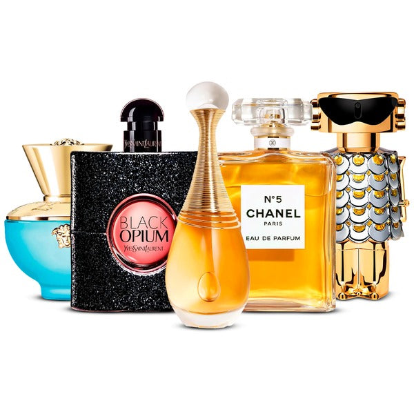 Kombination aus 5 Damenparfüms – Versace Dylan Turquoise, Black Opium, J'adore, Chanel Nº5 and Fame [100 ml each]